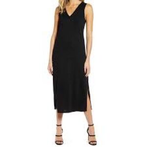 Paige Dress Women Large Black Knit V Neck Sleeveless Side Slit Tank Midi